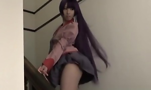 well done japanese teen cosplayer gives a error-free footjob on stairs