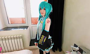 Cutie Vocaloid Hatsune Miku came to visit a fan explore the concert, sucked his cock and fucked him