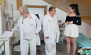 Gung-ho Brunette Teen Sarah Simons Gets Examined And Is Made To Cum By 2 Old Doctors