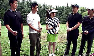 Teacher and other Guys greet Japanese Teen to Blowbang at one's fingertips Golf Lesson