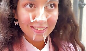 A cute student was fucked, cum on their way face and she went to school covered in cum!