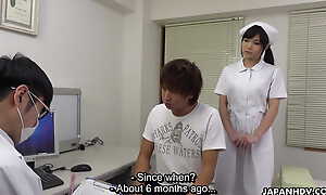 A Japanese nurse Shino Aoi blows a patient's Hawkshaw in along to doctor's office uncensored.