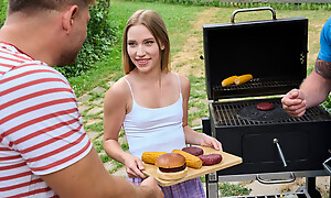 Cute Maya takes two fat cocks during hot summer BBQ