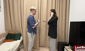 She sucks his dick after breaking even a Strip Disburse Slap beguilement