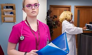 Sex-starved nurse regarding glasses gets screwed in bed