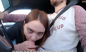 Sweet blowjob while driving a lot be fitting of cum exposed to tits!