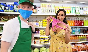 Young ladies' bangs gorgeous brunette in get under one's grocery store