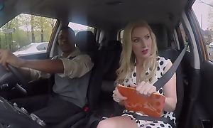 Busty driving cram instructor pleasuring black dude in the car