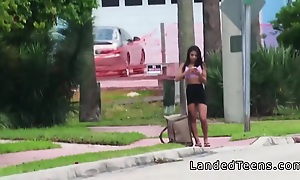 Busty Latina teen bangs in the motor car in public